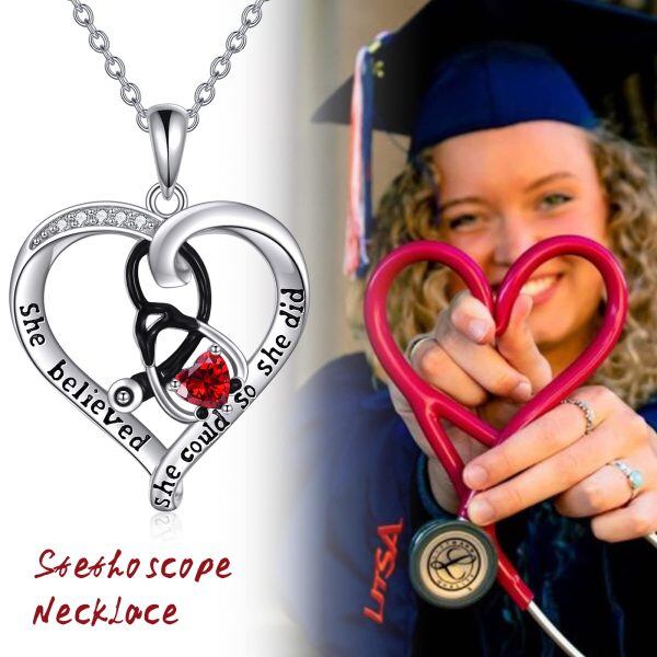 Sterling Silver Stethoscope Heart Pendant Necklaces-2