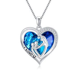 Sterling Silver Mother and Child Heart Crystal Pendant Necklaces-0