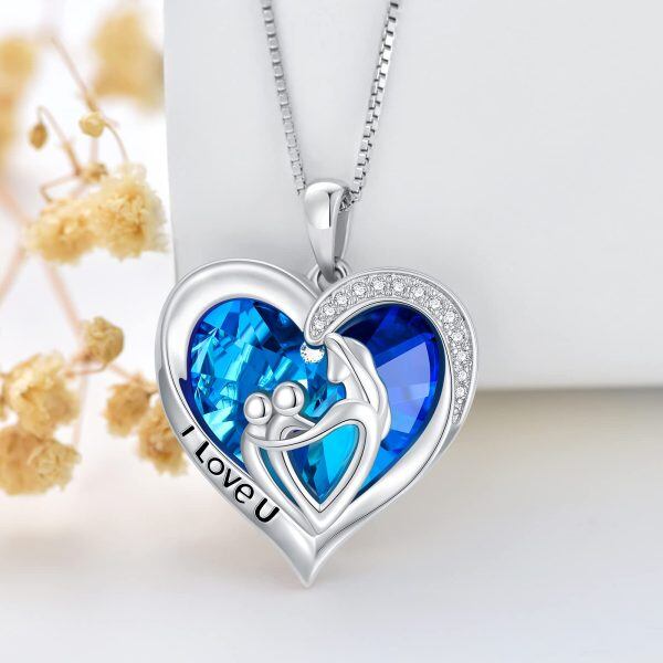 Sterling Silver Mother and Child Heart Crystal Pendant Necklaces-4