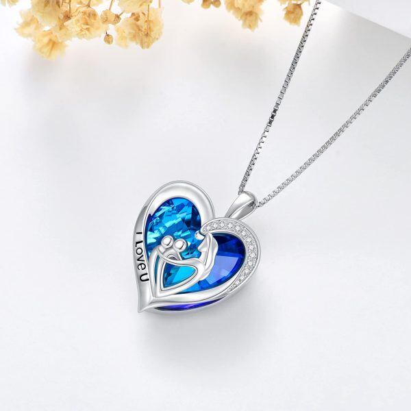 Sterling Silver Mother and Child Heart Crystal Pendant Necklaces-5