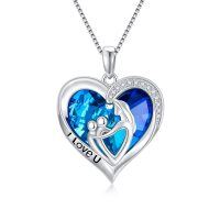 wholesale 925 Sterling Silver Heart-Shaped Blue Crystal Mother's Day Gift Necklace- Rhodium Plated