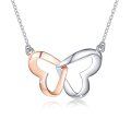 wholesale 925 Sterling Silver & 14k Rose Gold Plated Butterfly Wing Double Heart Pendant Chain Necklace for Women-0-1