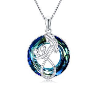 Sterling Silver Mother and Child Round Crystal Pendant Necklaces-0