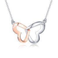 wholesale 925 Sterling Silver & 14k Rose Gold Plated Butterfly Wing Double Heart Pendant Chain Necklace for Women- Two Tone