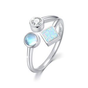 Sterling Silver Opal Moonstone Cubic Adjustable Open Rings-0