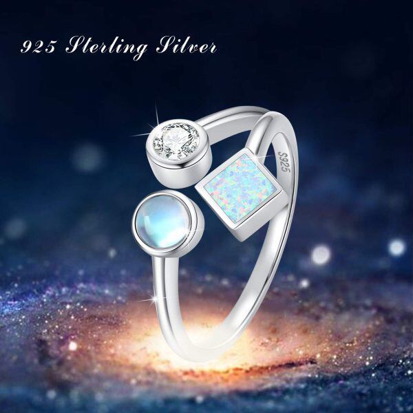 Sterling Silver Opal Moonstone Cubic Adjustable Open Rings-18