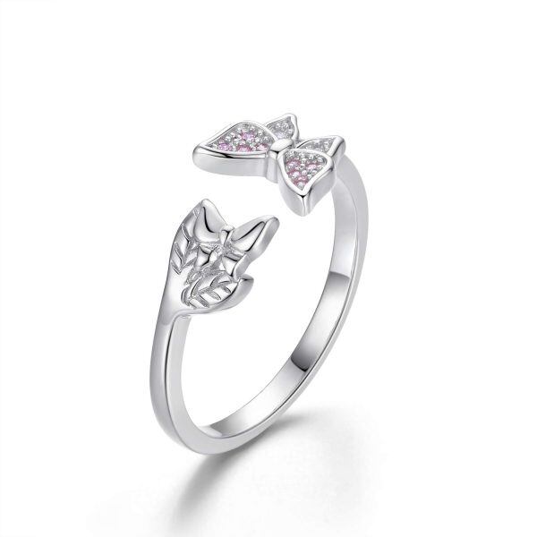 Sterling Silver Pink Butterfly Adjustable Open Rings-0