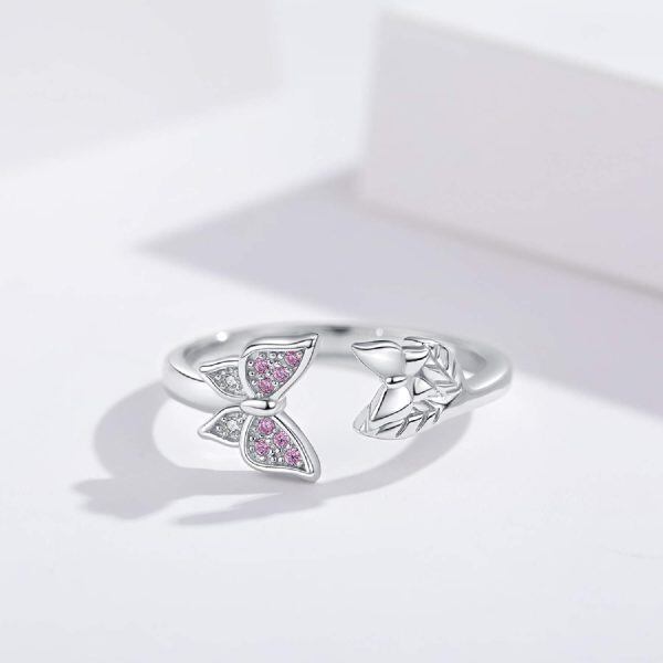 Sterling Silver Pink Butterfly Adjustable Open Rings-3