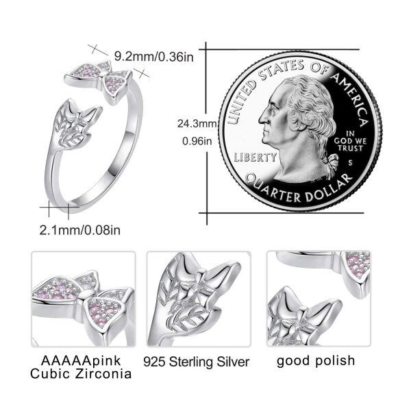 Sterling Silver Pink Butterfly Adjustable Open Rings-9