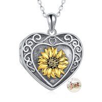 wholesale 925 Sterling Silver Sunflower Heart Photo Locket Pendant Necklace for Women's s- Oxidized/Oxidised