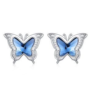 Sterling Silver Hollow Blue Crystal Butterfly Stud Earrings-0