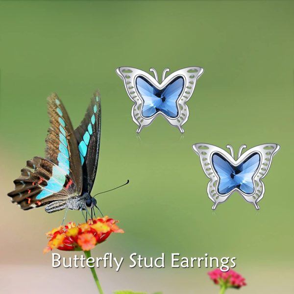 Sterling Silver Hollow Blue Crystal Butterfly Stud Earrings-3