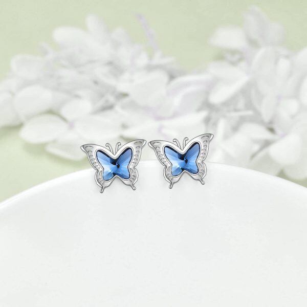 Sterling Silver Hollow Blue Crystal Butterfly Stud Earrings-4