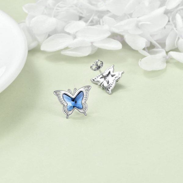 Sterling Silver Hollow Blue Crystal Butterfly Stud Earrings-5