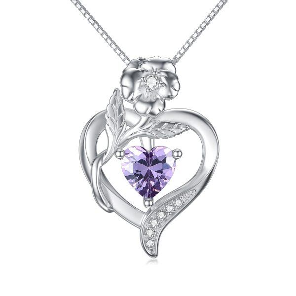 Sterling Silver Birthstone Floral Heart Pendant Necklaces-0