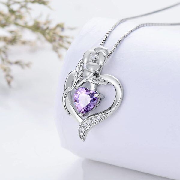 Sterling Silver Birthstone Floral Heart Pendant Necklaces-2