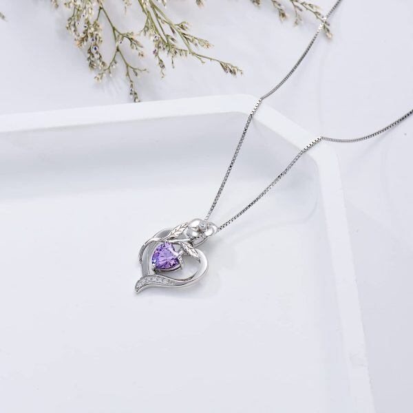 Sterling Silver Birthstone Floral Heart Pendant Necklaces-3