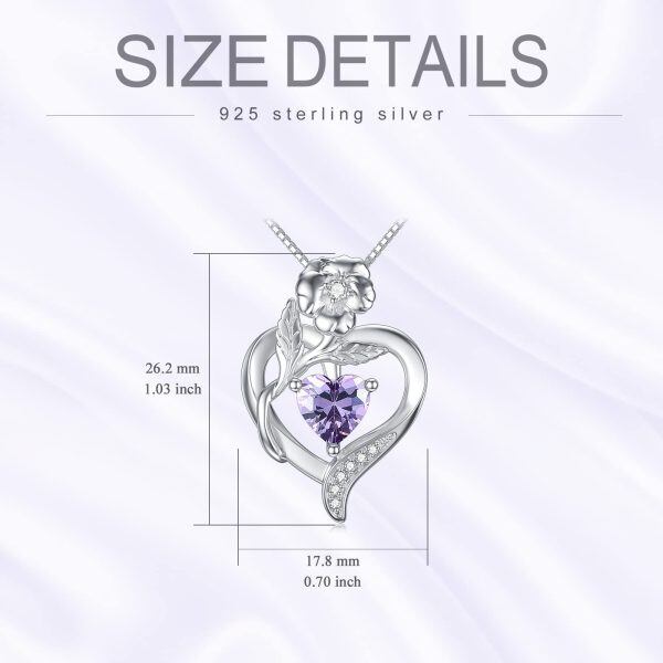 Sterling Silver Birthstone Floral Heart Pendant Necklaces-4