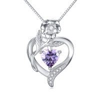 wholesale 925 Sterling Silver Purple Heart Crystal Pendant Necklaces s for Women- Rhodium Plated