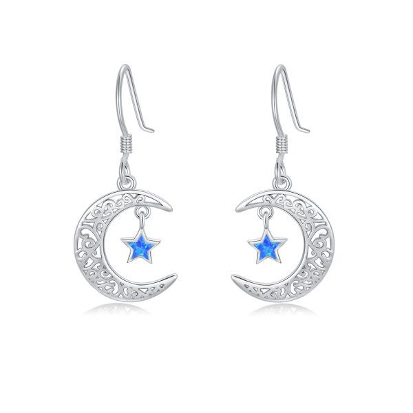 Sterling Silver Opal Moon Star Dangle and Drop Earrings-0