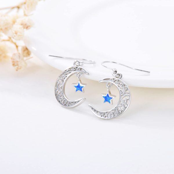 Sterling Silver Opal Moon Star Dangle and Drop Earrings-4