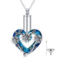 wholesale 925 Sterling Silver Blue Crystal Sunflower Heart Cremation Jewelry Urn Pendant Necklace for Ashes - 24 Chain Included- Rhodium Plated