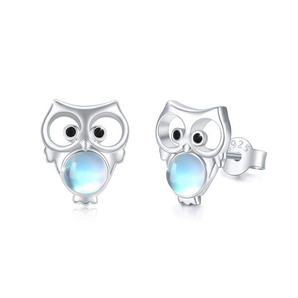 Sterling Silver Owl Moonstone Stud Earrings-0