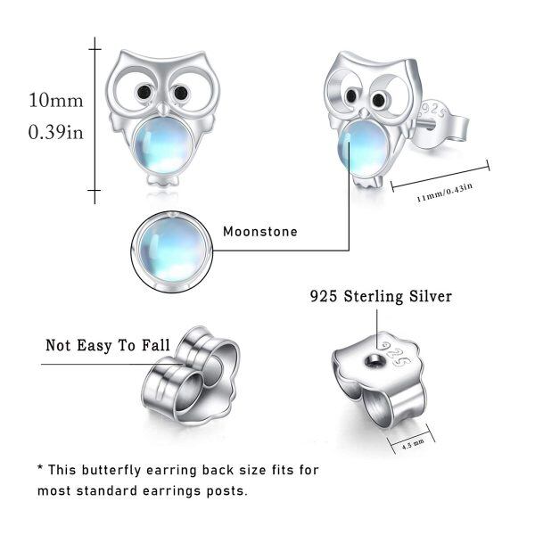 Sterling Silver Owl Moonstone Stud Earrings-3