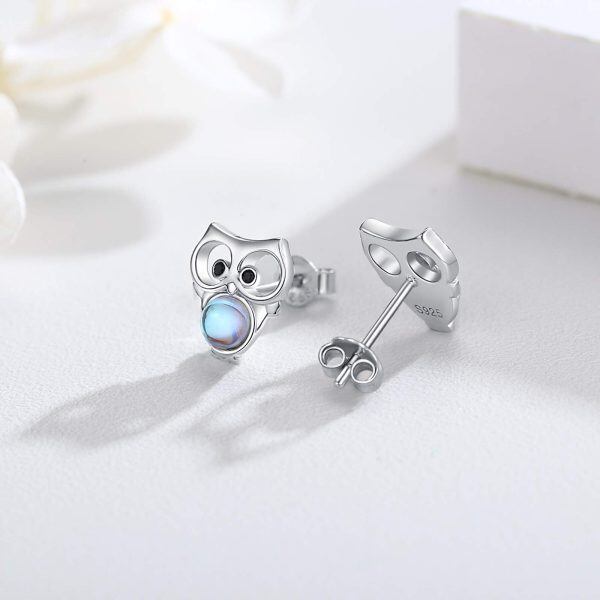 Sterling Silver Owl Moonstone Stud Earrings-9