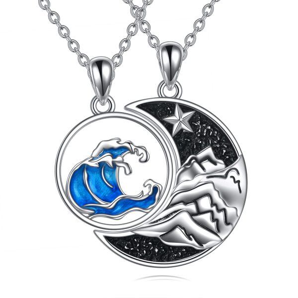 Sterling Silver Mountain Ocean Wave Couple Necklaces Jewelry Sets-0