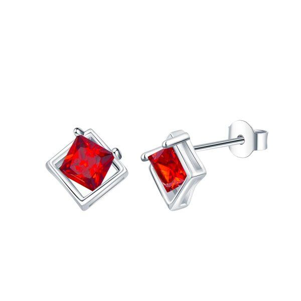 Sterling Silver Red Square Cubic Zirconia Stud Earrings-0