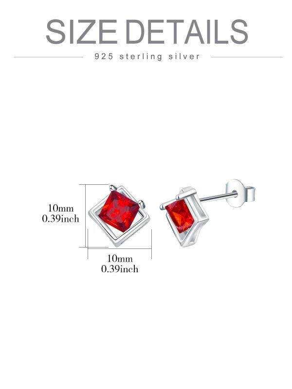 Sterling Silver Red Square Cubic Zirconia Stud Earrings-1