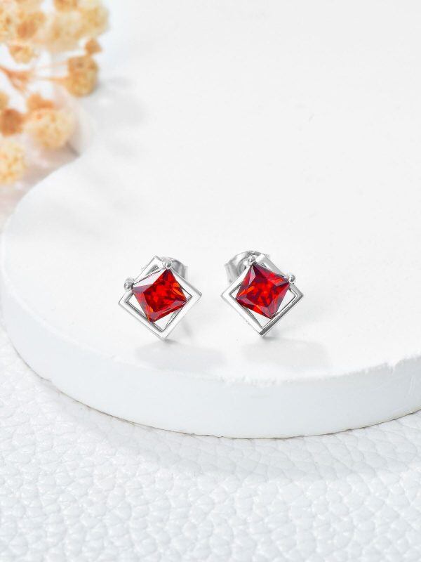 Sterling Silver Red Square Cubic Zirconia Stud Earrings-2