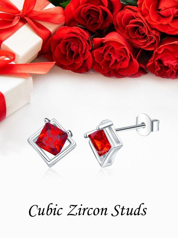 Sterling Silver Red Square Cubic Zirconia Stud Earrings-3