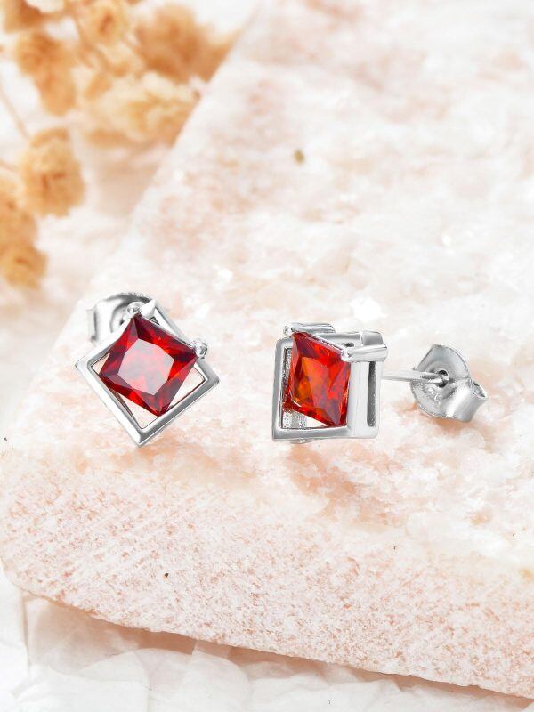 Sterling Silver Red Square Cubic Zirconia Stud Earrings-4