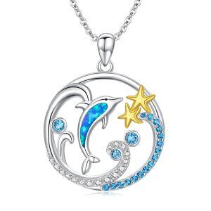 Sterling Silver Opal Dolphin Pendant Necklaces-0