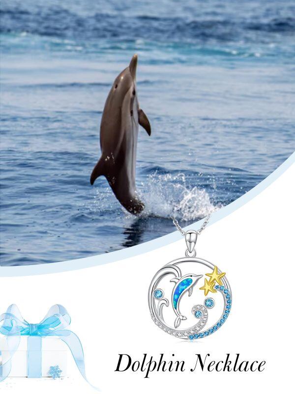 Sterling Silver Opal Dolphin Pendant Necklaces-3