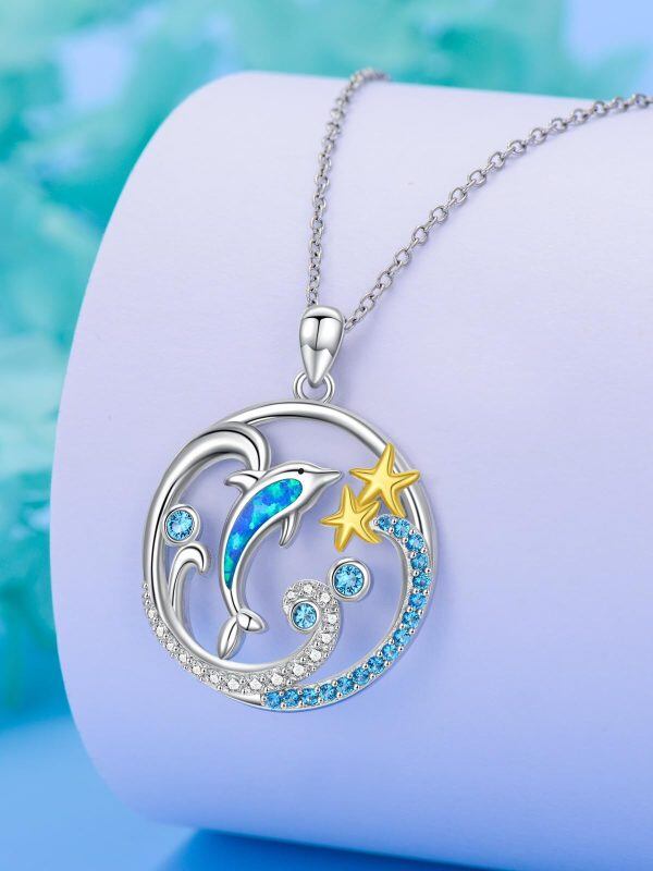 Sterling Silver Opal Dolphin Pendant Necklaces-4