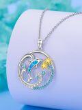 wholesale 925 Sterling Silver Blue Fire Opal Dolphin Pendant Necklace with Chain - Valentines Day Gifts for Women-0-4