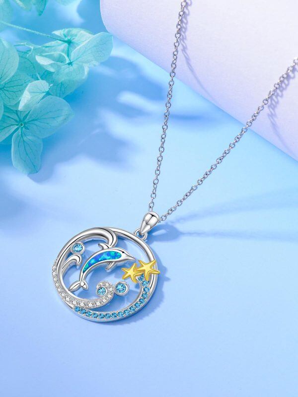 Sterling Silver Opal Dolphin Pendant Necklaces-5