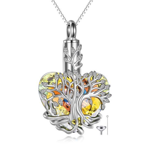 Sterling Silver Tree of Life Urn Necklace With Yellow Crystal -0