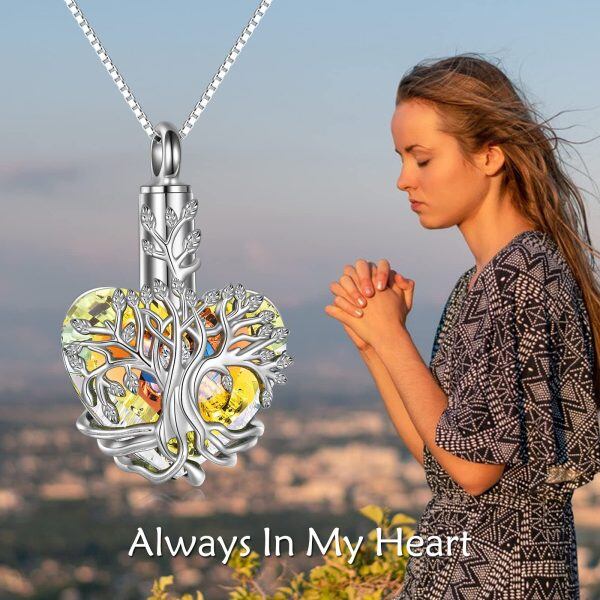 Sterling Silver Tree of Life Urn Necklace With Yellow Crystal -2