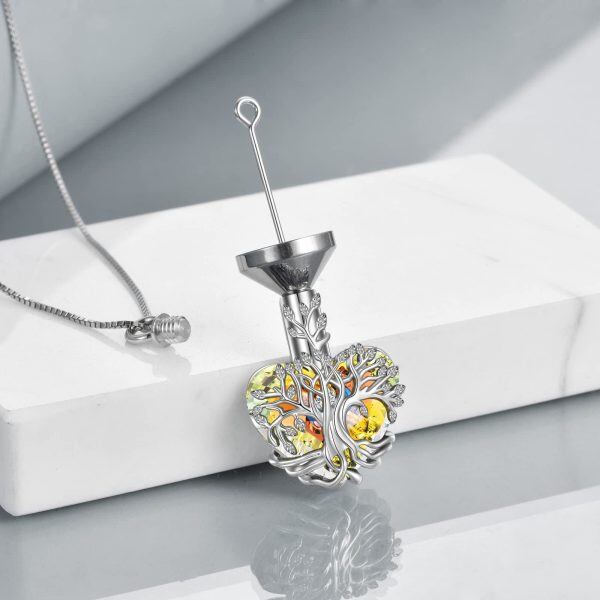 Sterling Silver Tree of Life Urn Necklace With Yellow Crystal -3