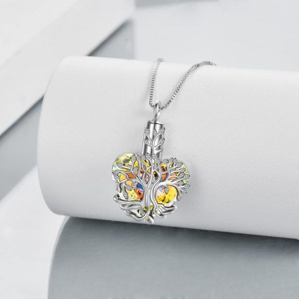 Sterling Silver Tree of Life Urn Necklace With Yellow Crystal -4