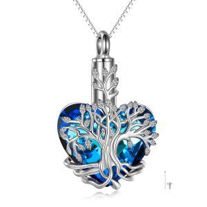 Sterling Silver Tree of Life Urn Necklace With Blue Crystal -0