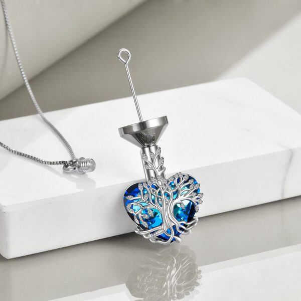 Sterling Silver Tree of Life Urn Necklace With Blue Crystal -3