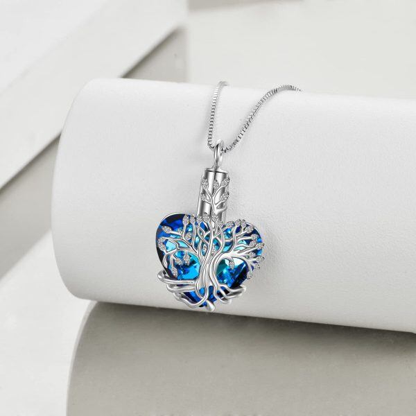 Sterling Silver Tree of Life Urn Necklace With Blue Crystal -4