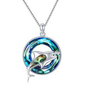 Sterling Silver Ocean Shark Crystal Pendant Necklace-0