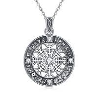 wholesale 925 Sterling Silver Round Pendant with Norse Runes and Cubic Zirconia Necklace - Viking Amulet for Protection (Women/Men)- Oxidized/Oxidised