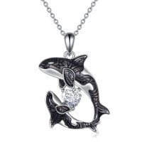 wholesale 925 Sterling Silver Black & White Orca Whale CZ Heart Pendant Necklaces for Women Gifts- Rhodium Plated